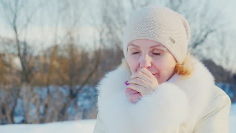 portrait of a woman who comes down from the snow-covered hills