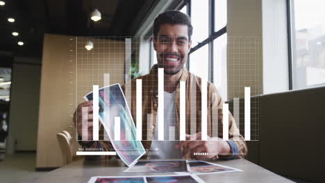 animation of data processing against biracial man showing documents talking on video call at office