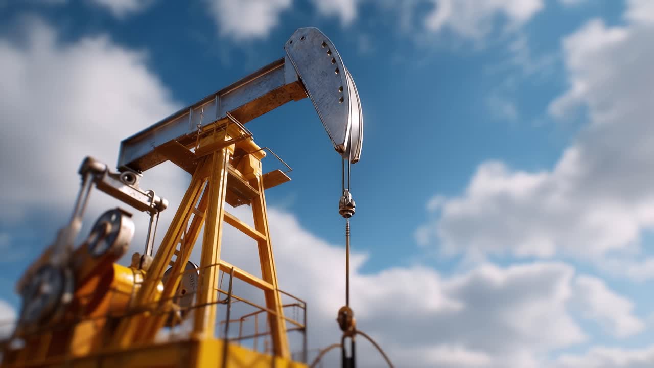 Solbeskinnet oliepumpestation mod blå himmel: Dynamisk industrimaskineri i aktion med skyet baggrund, der fremhæver energiproduktion og ingeniørmæssig ekspertise