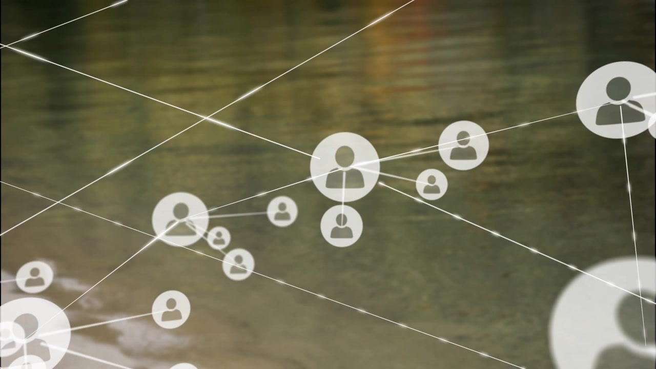 Animation of network of connections with icons over reflection in water