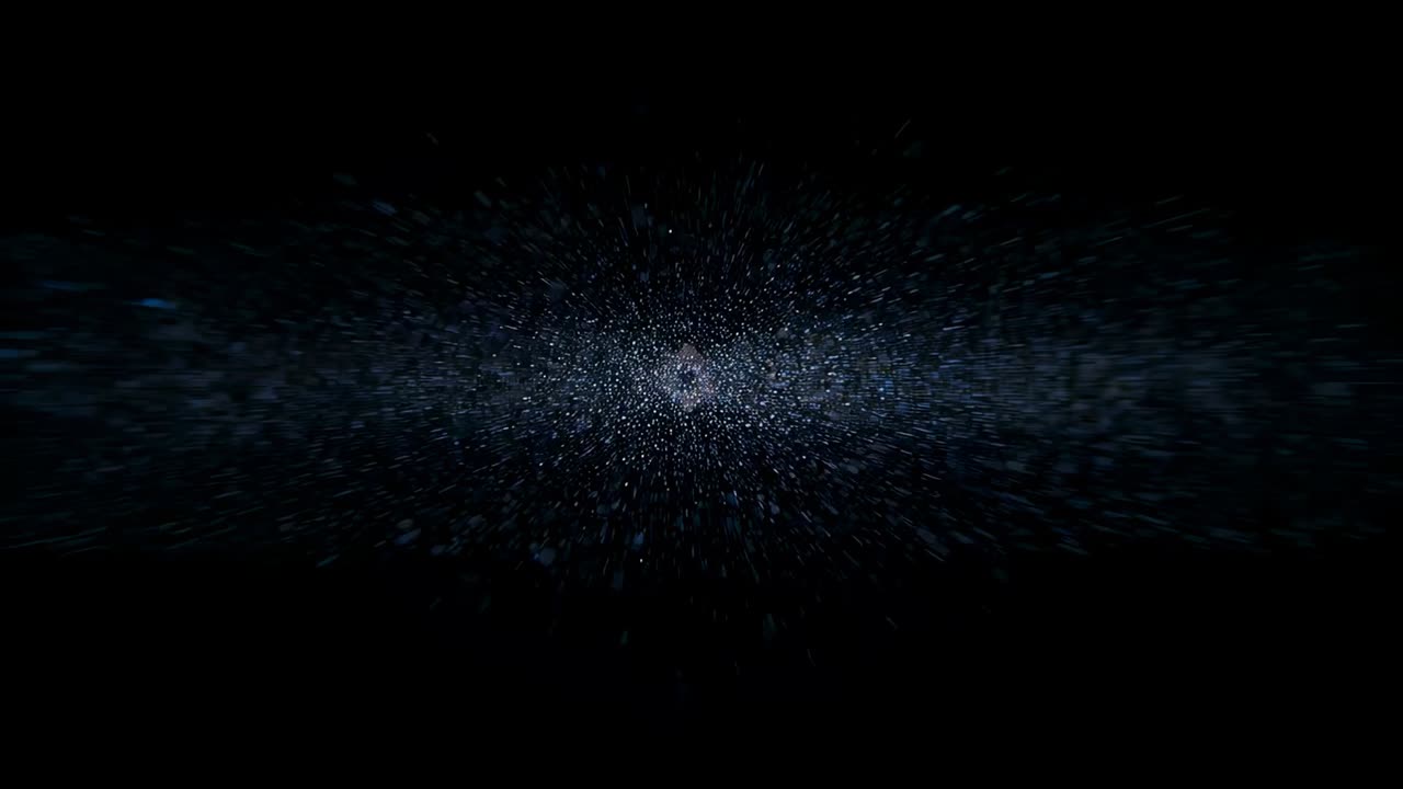 Nucleo centrale luminoso che attrae particelle verso lo spettatore attraverso un vuoto oscuro, formando una linea mediana incandescente