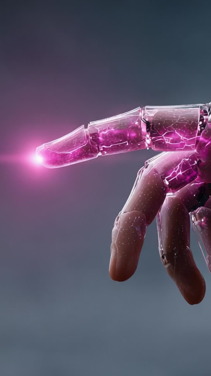 A Captivating Glimpse of a Futuristic Robotic Hand Projecting a Vibrant Pink Energy Beam, Merging Technology and Imagination in an Artistic Representation