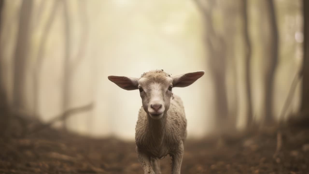 Young lamb walking gracefully on the forest floor, surrounded by a misty atmosphere during daytime, evoking a sense of peace and tranquility in nature