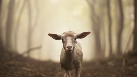 young lamb walking gracefully on the forest floor, surrounded by a misty atmosphere during daytime, evoking a sense of peace and tranquility in nature