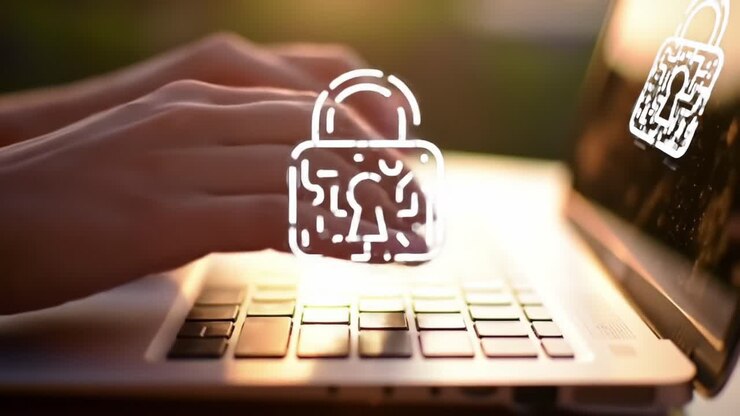 A person engaged in secure online activity, typing on a laptop keyboard while a digital lock icon signifies the importance of privacy and protection in the digital realm