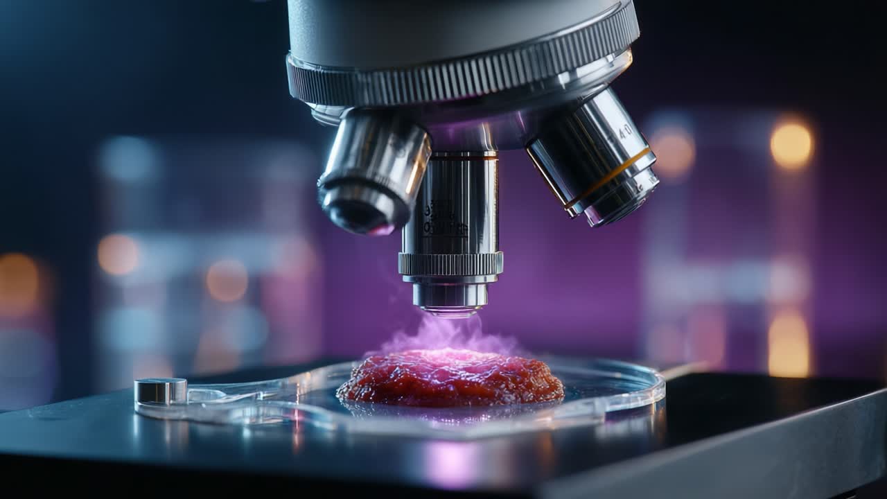 Advanced Microscope Examining Biological Sample with Vibrant Colors and Ethereal Glow, Showcasing Scientific Exploration and Innovation in Microbiology
