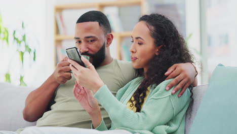 communication, phone and couple on home sofa