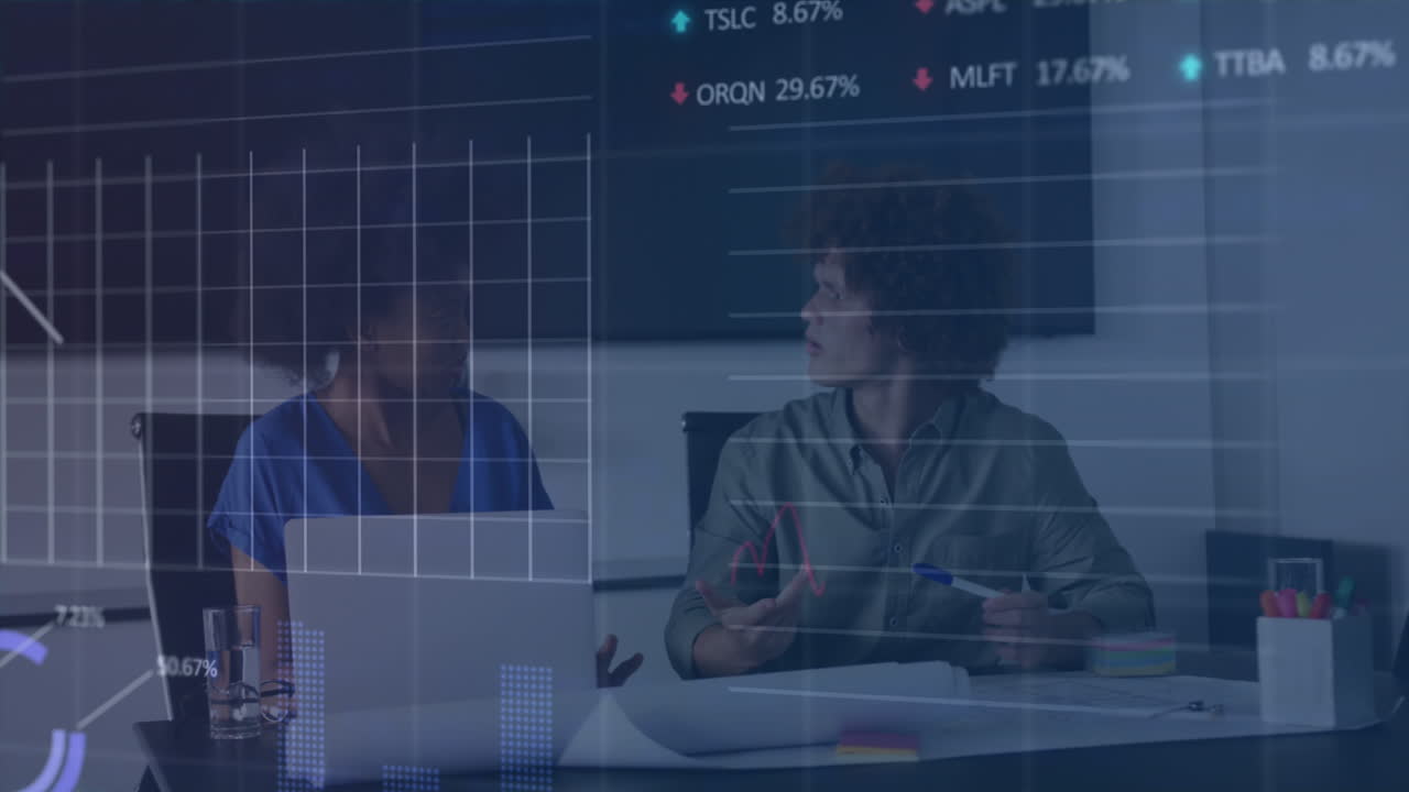 Animation of stock market data processing against diverse man and woman discussing at office