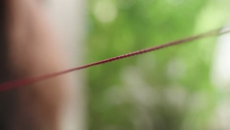 closeup of red string hanging in the air