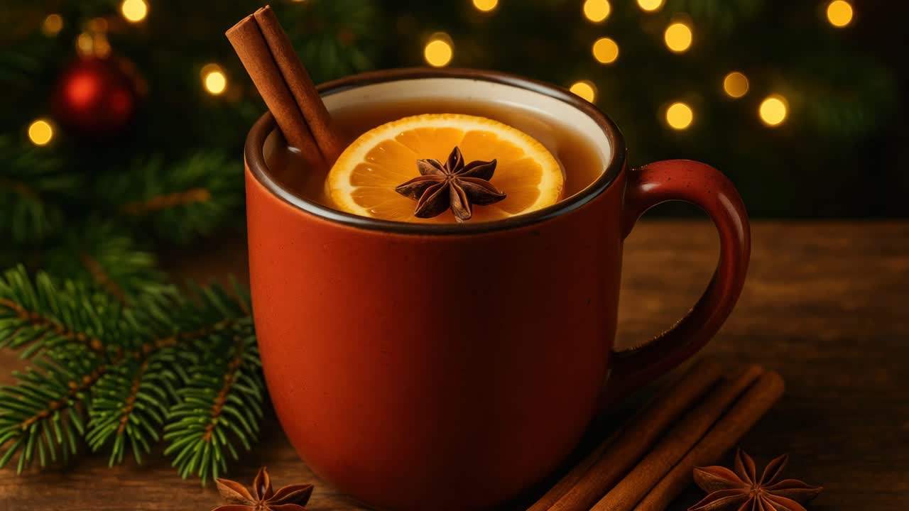 Warm holiday drink in a red mug with spices and orange slice
