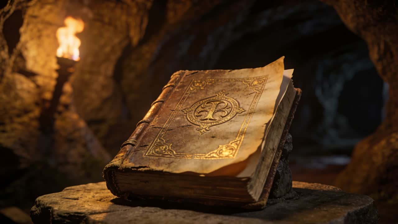 Torcia tremolante che fa arricciare la pagina di un antico libro in pelle mentre la telecamera si muove, mostrando oro in una caverna.