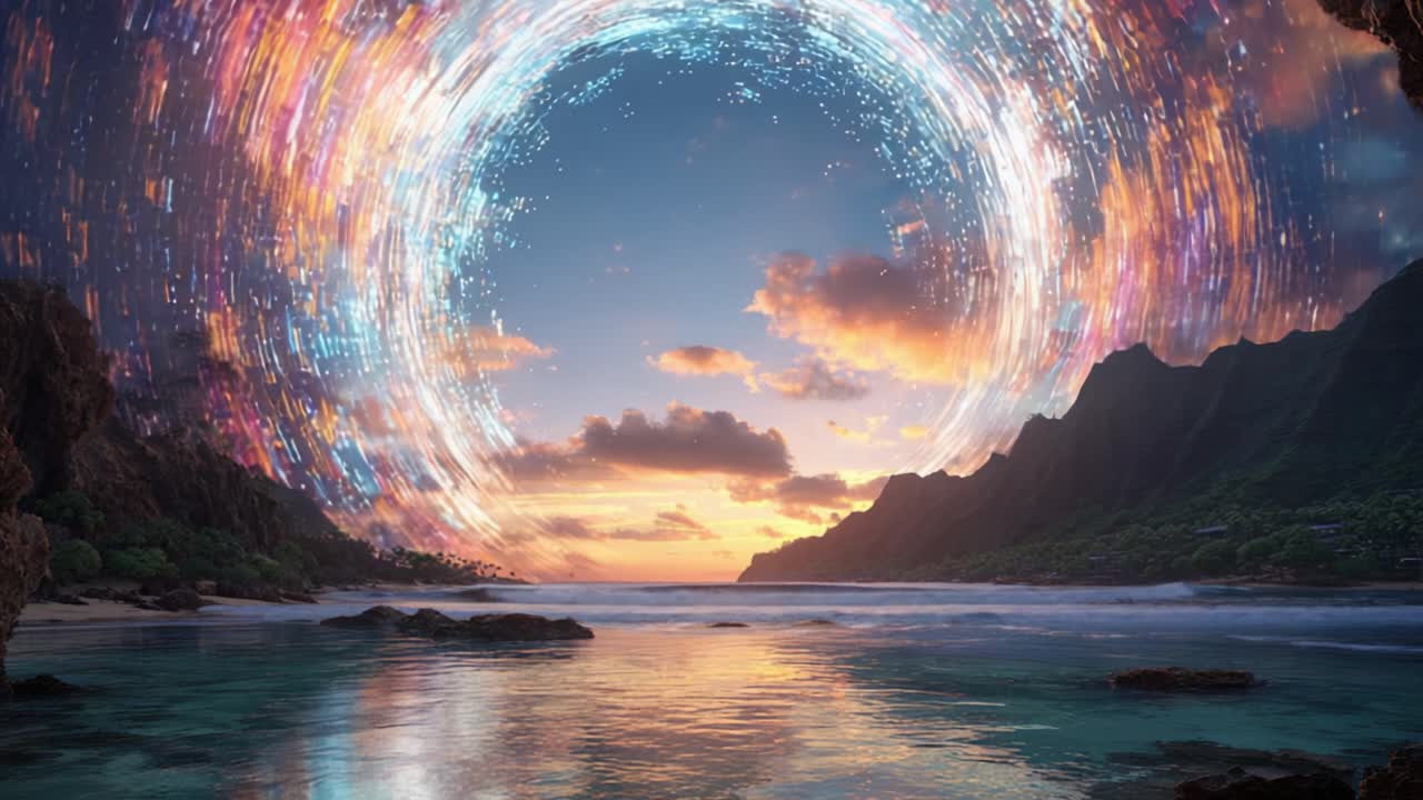 Uno sbalorditivo portale digitale appare su un sereno paesaggio oceanico al tramonto, creando un vivido contrasto con la spiaggia tranquilla e le montagne sullo sfondo