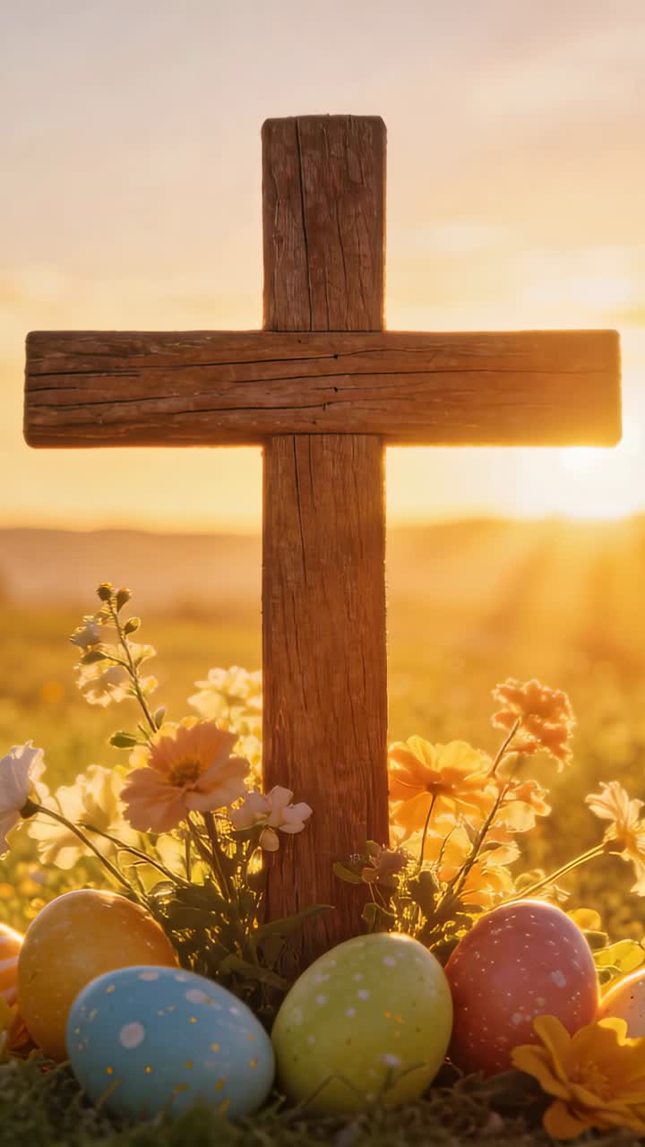 Vertical video: Rising sun sending warm beams across meadow around wooden cross, with painted eggs