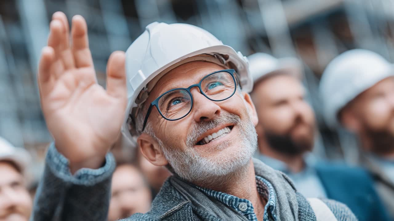 A Joyful Construction Worker Smiling and Greeting Colleagues at a Building Site, Radiating Positivity and Team Spirit Amidst Ongoing Projects