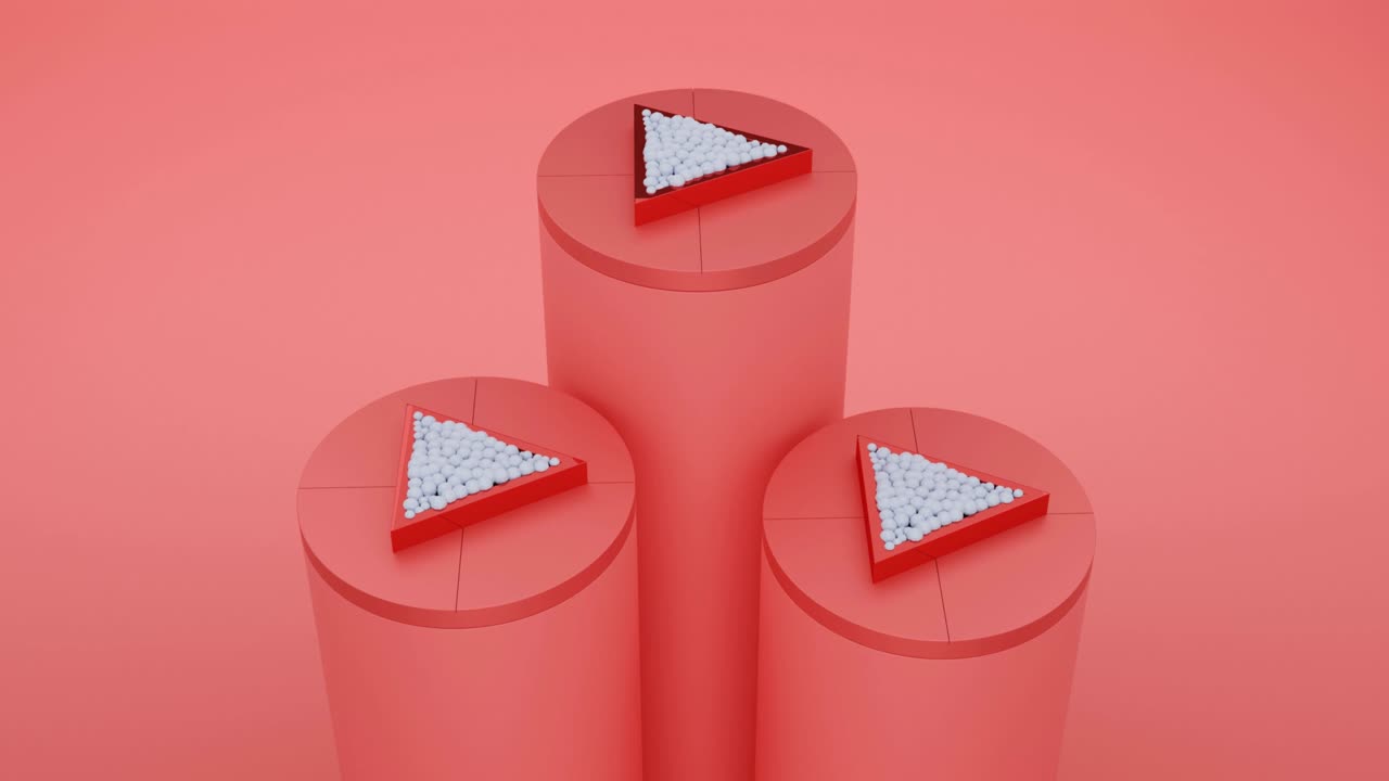 Abstract pink blue green and white 3 cylinder and triangle pedestal podium 4K Video