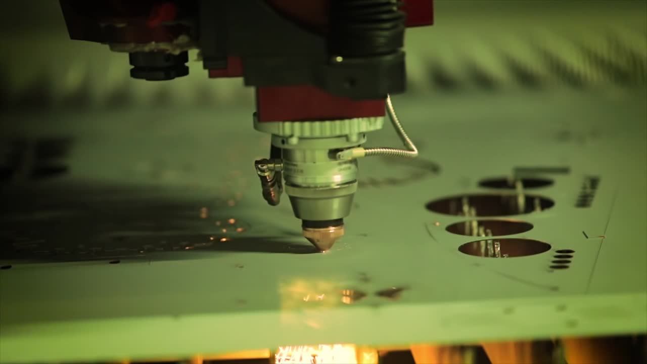Taglio laser CNC di metallo al rallentatore, tecnologia industriale moderna