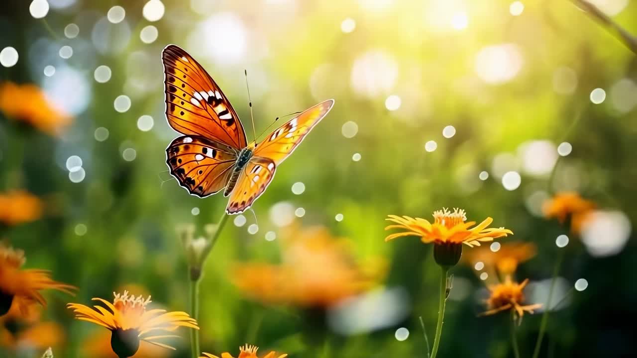 Un video ravvicinato cattura una vivace farfalla che aleggia su fiori arancioni, con una messa a fuoco morbida