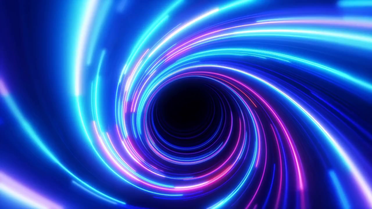 Scie luminose blu brillante e magenta si incurvano attraverso uno spazio circolare scuro, formando una composizione astratta luminosa con forte contrasto, movimento e un