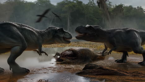 two tyrannosaurus rex dinosaurs scavenging a carcass in a swamp