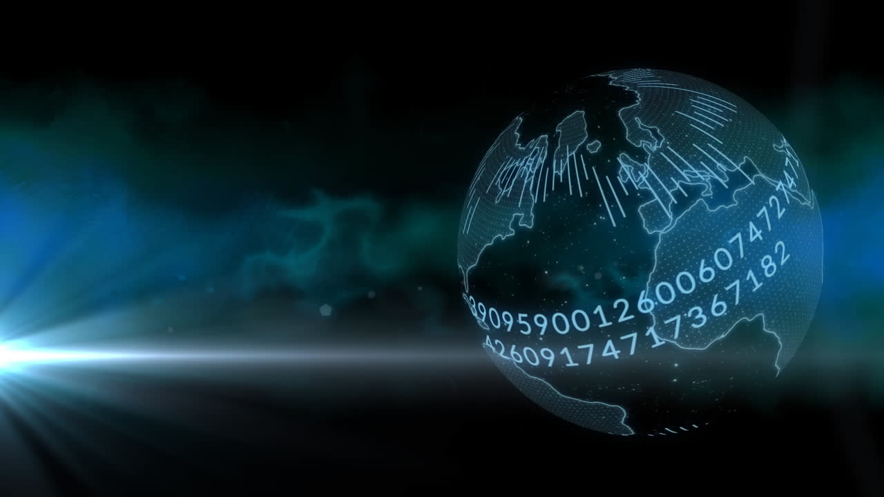Composition of globe with numbers processing over blue clouds