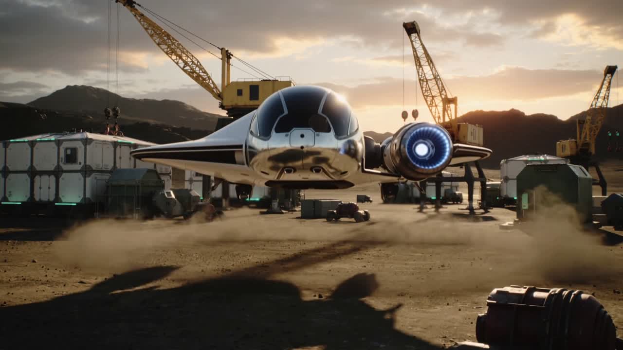 Navetta che scende e abbassa il carrello di atterraggio in una base nel deserto, mentre l'equipaggio in tute da lavoro monitora, sollevando polvere.