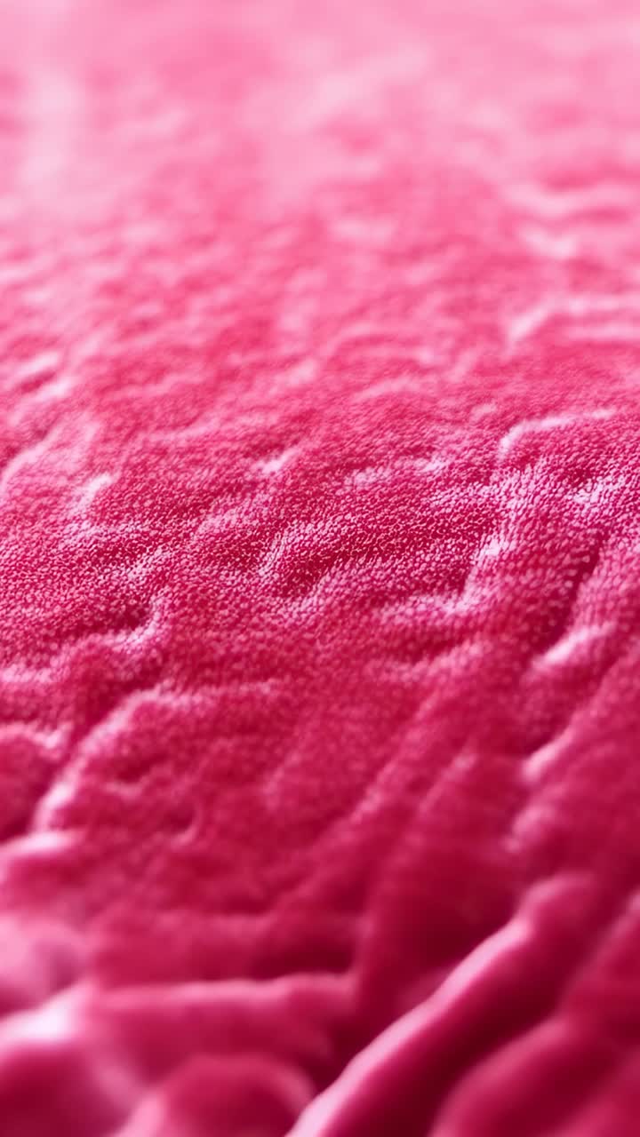Video verticale: camera in movimento, luce che si sposta mostrando da vicino un tessuto felpato rosa, con pieghe luccicanti