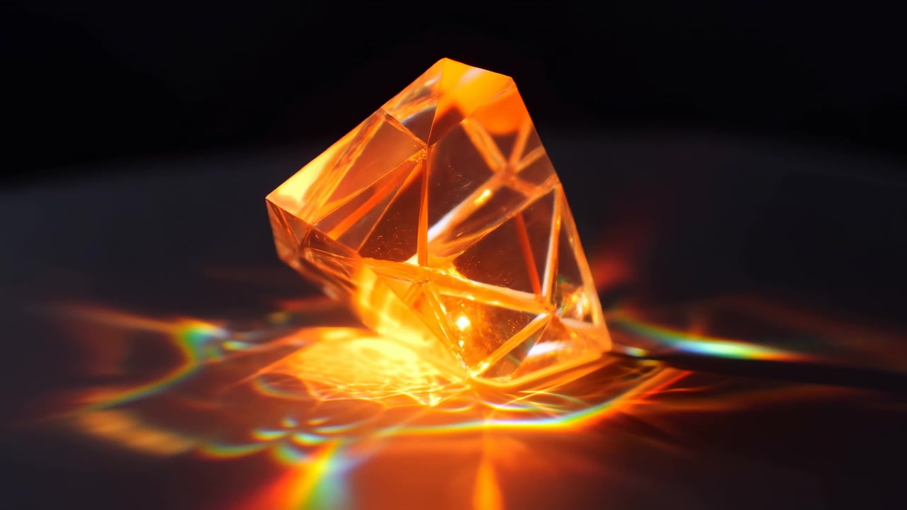Un primo piano ipnotizzante di un cristallo sfaccettato che brilla intensamente, luccica e ruota con grazia su uno sfondo scuro con sottili riflessi di luce, evocando un senso di mistero e meraviglia.