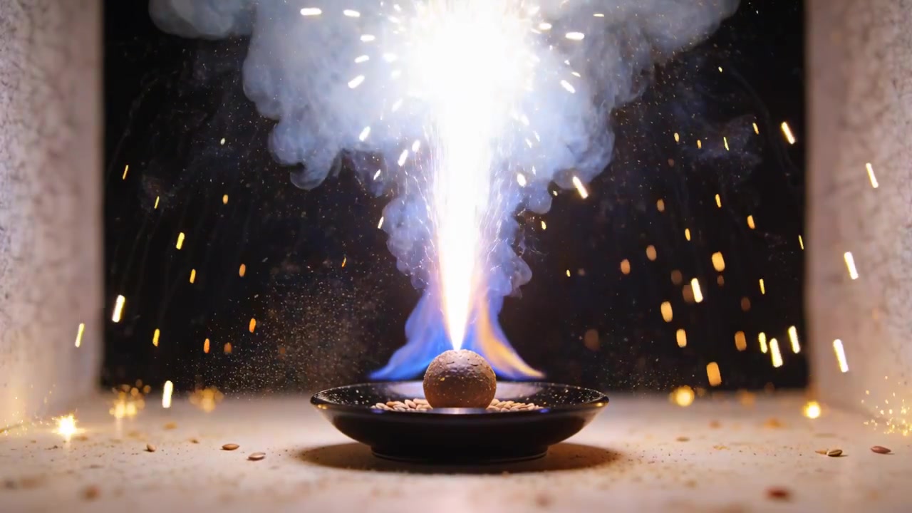 Igniting small sphere firework emitting fountain of sparks in test chamber on dish for testing