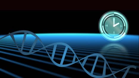 animation of clock moving over dna strand on black background