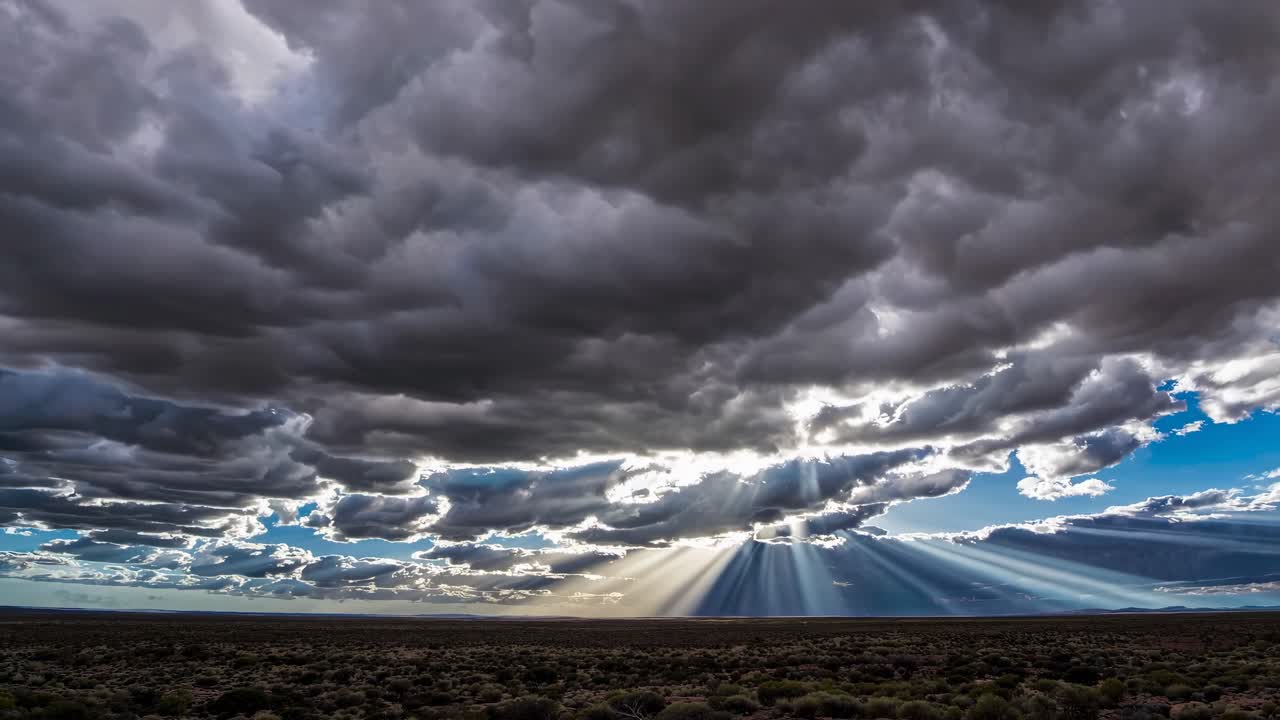 Dramatic wide-angle shot of sun rays piercing through thick clouds over a vast landscape