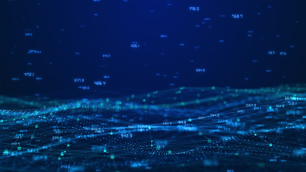 Digital animation showing numeric wave network secured by lock icons flowing data streams secure