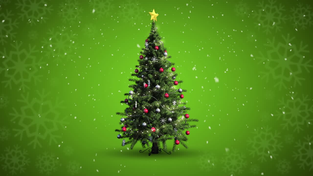 анимация снега, падающего на рождественскую елку на зеленом фоне