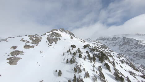 Drone-over-Pyrenees-snowy-landscape,-Andorra.-Aerial-fpv