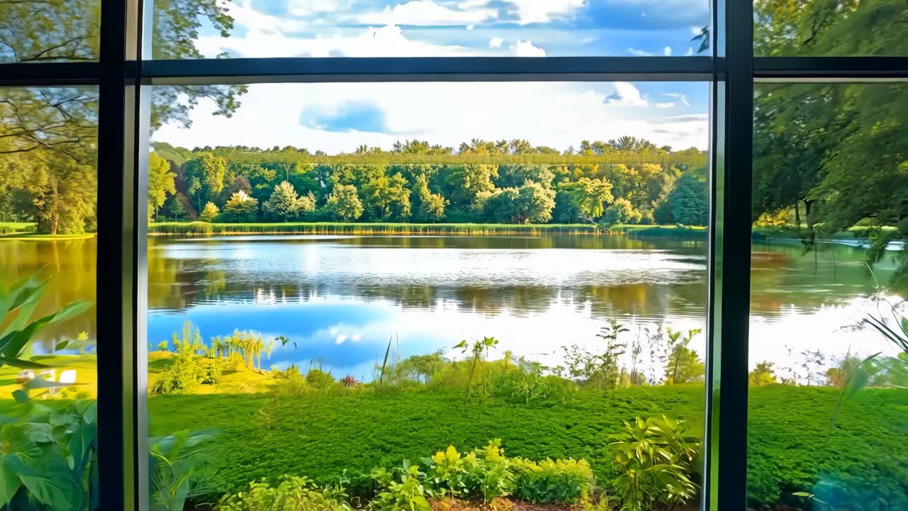 Two blue chairs and a table in front of a large window with a view of a lake