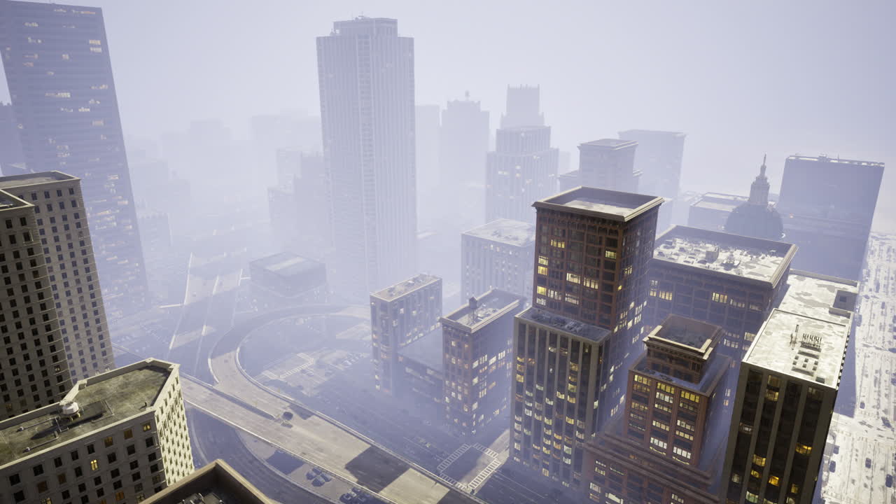 Dense fog envelops a city skyline creating a mysterious urban landscape