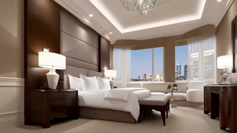 elegant luxury hotel bedroom with city skyline view at night