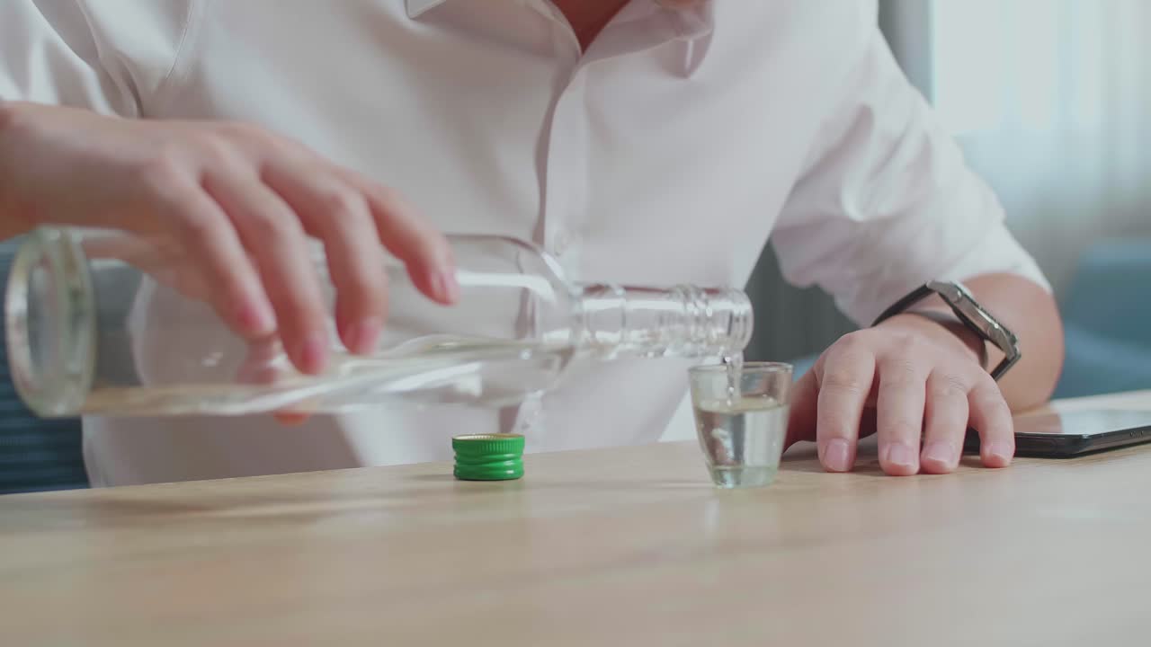 집에서 술을 마시기 전에 글라스에 보드카를 부는 아시아인 남자의 클로즈업