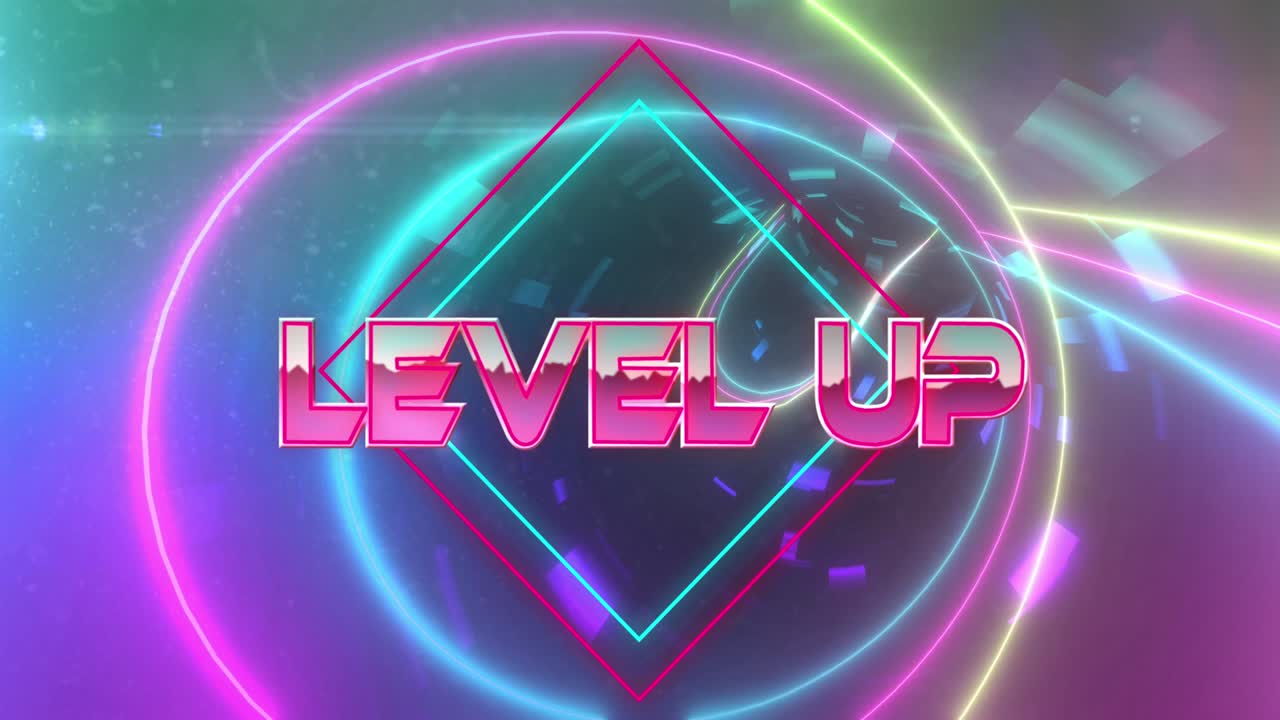 움직이는 디지털 터널 위에 레벨 업 텍스트의 애니메이션