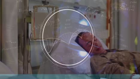 Animation-of-circular-scanner-and-equations-over-caucasian-male-and-female-patient-in-hospital-beds