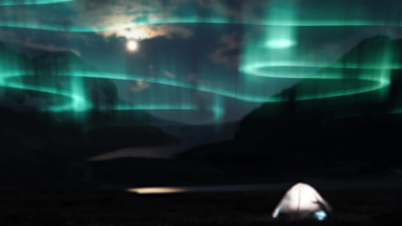 animación de aurora boreal senderos brillantes en azul sobre el paisaje por la noche