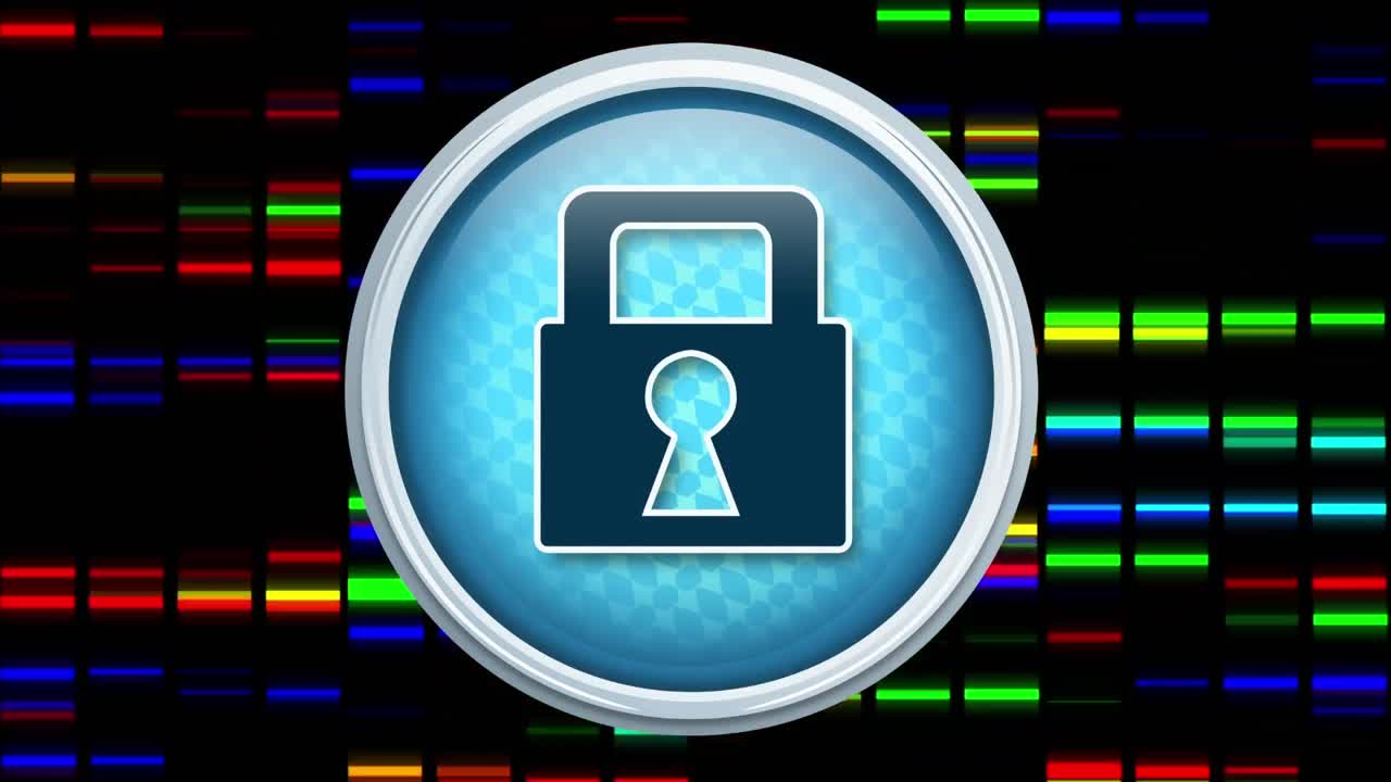 animación de la red de conexiones y el candado de seguridad en línea sobre un fondo oscuro