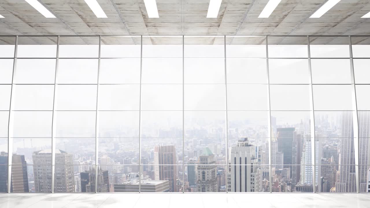 paisaje urbano visto a través de una ventana de un edificio moderno