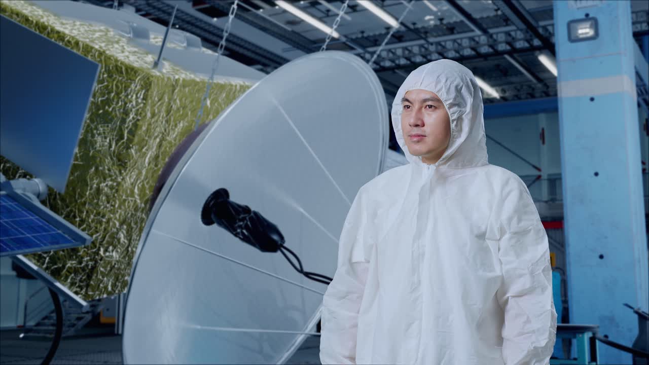 아시아 남성 과학자가 우주선 건설을 둘러보고 있습니다.