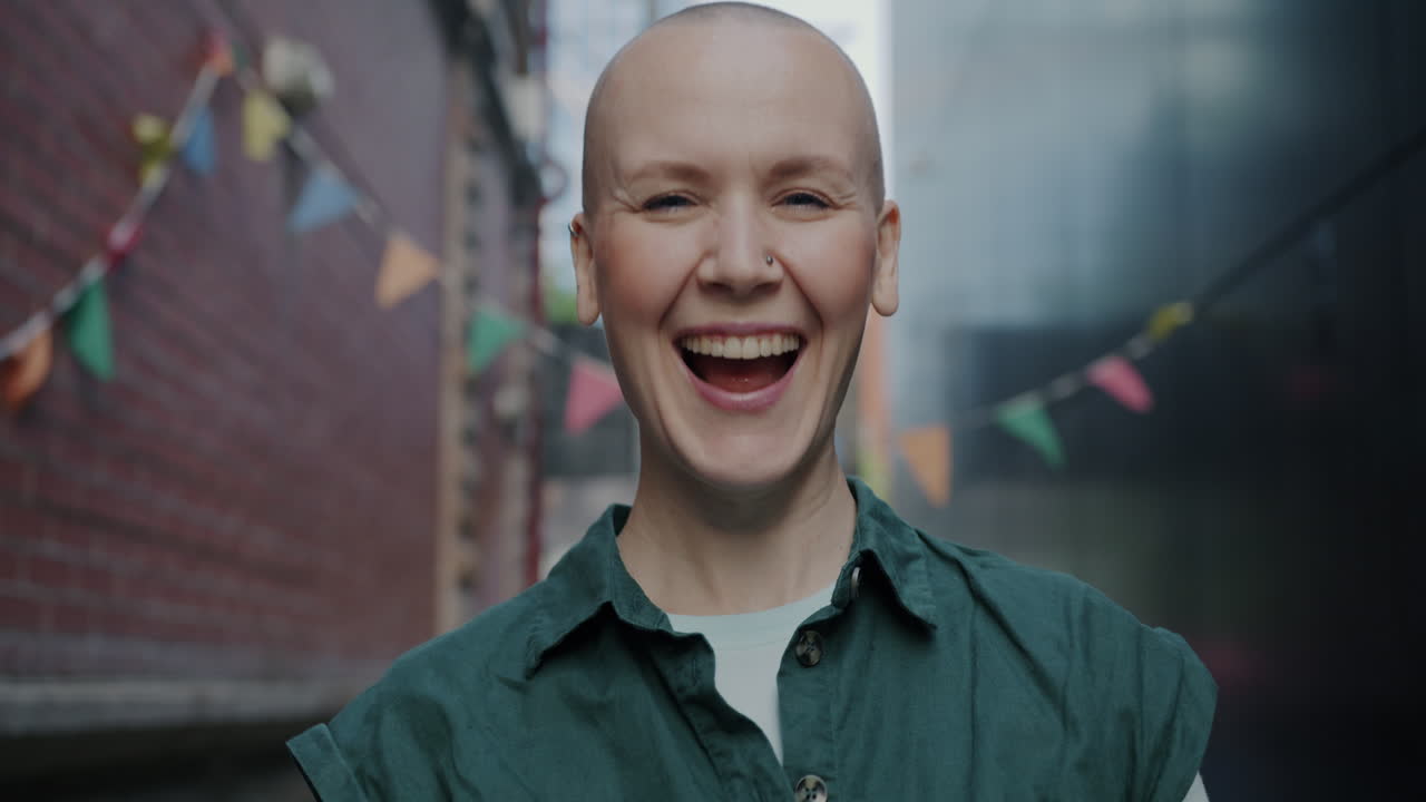 Smiling Bald Woman in City