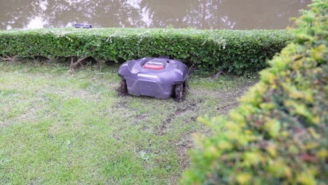 Robotic-lawn-mower-gets-stuck-in-the-muddy-garden---Wide-shot