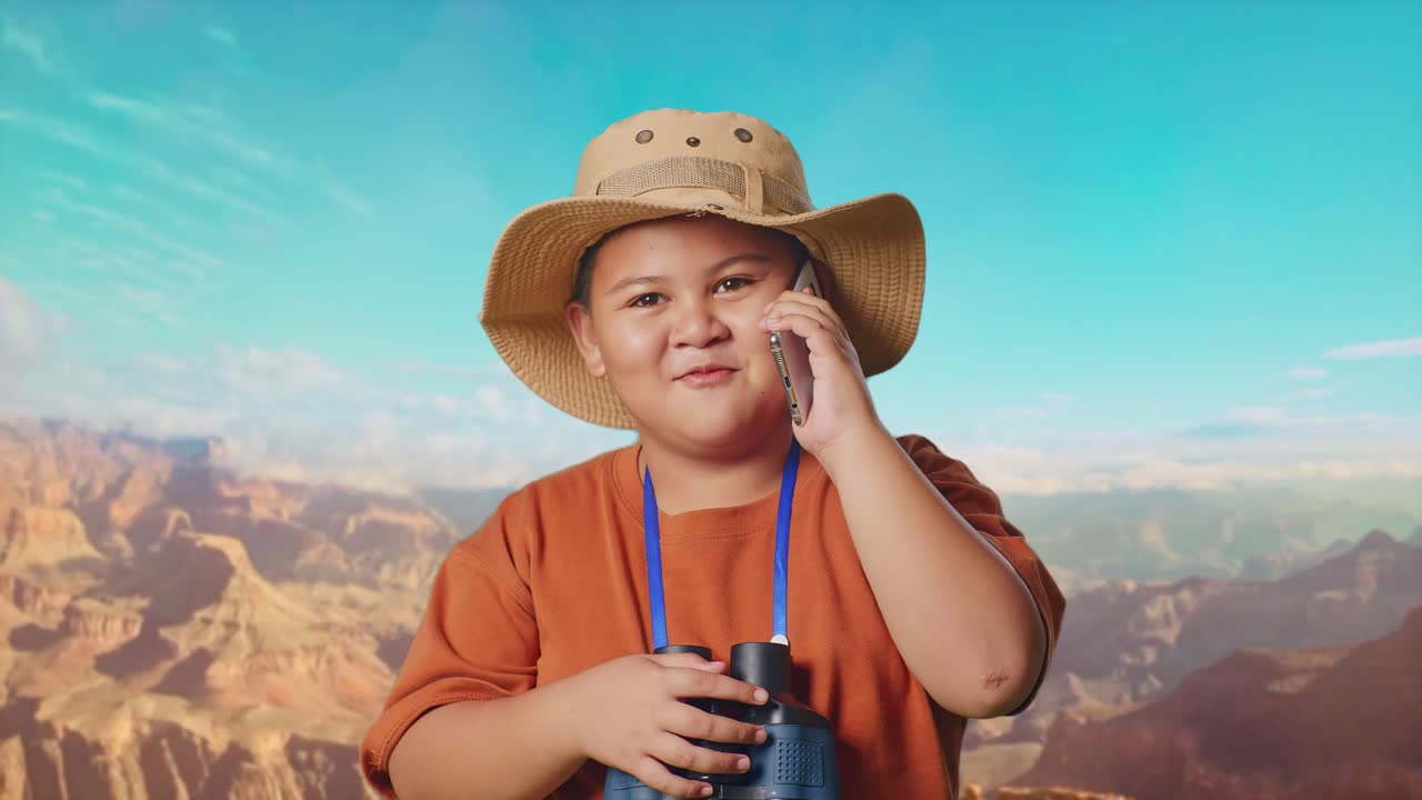 Asian Boy With A Hat And Binoculars Talking On Smartphone While Traveling At The Top Of Mountain. Boy Researcher Examines Something, Travel Tourism Adventure Concept, Close Up