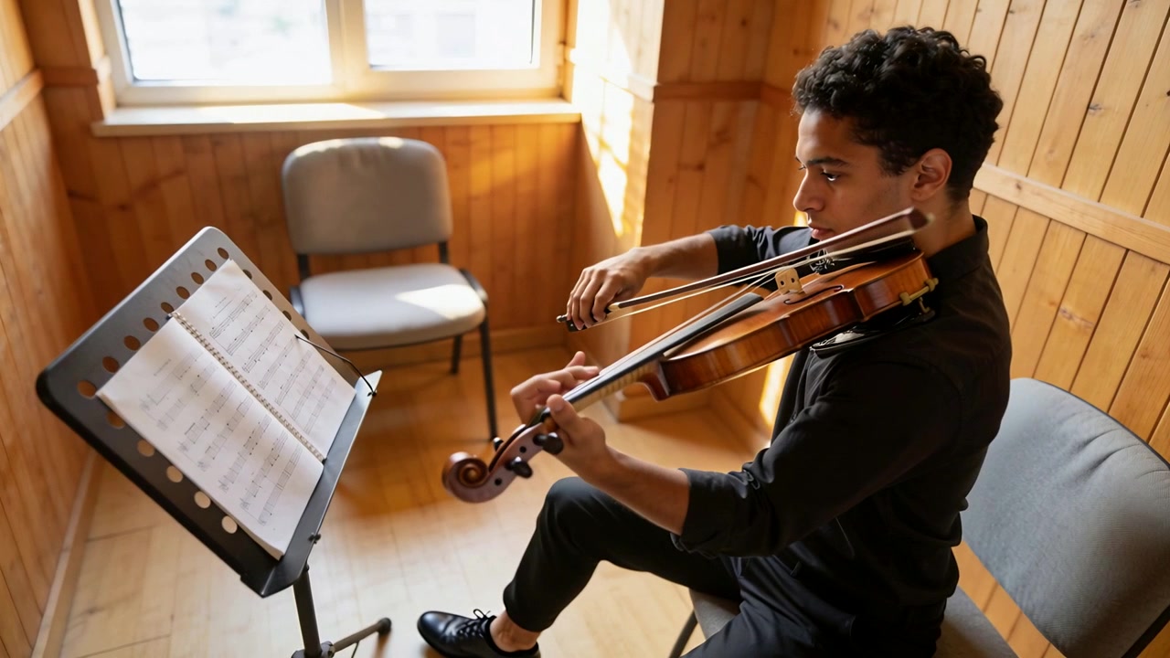 Leggendo uno spartito, un violinista con una camicia scura suona in una sala prove, muovendo l'archetto, con spazio per il testo.