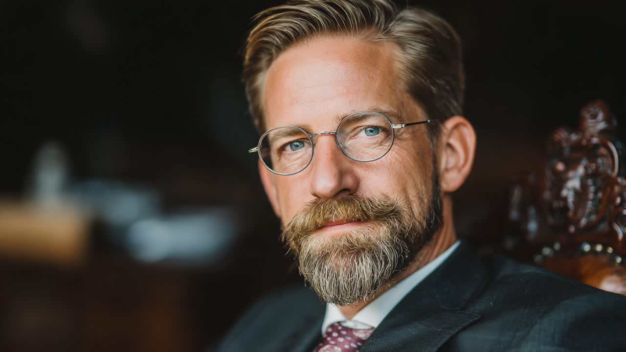 A Thoughtful Professional: Capturing the Poised Presence of a Bearded Businessman in a Classic Setting, Ideal for Corporate Imagery and Inspirational Themes