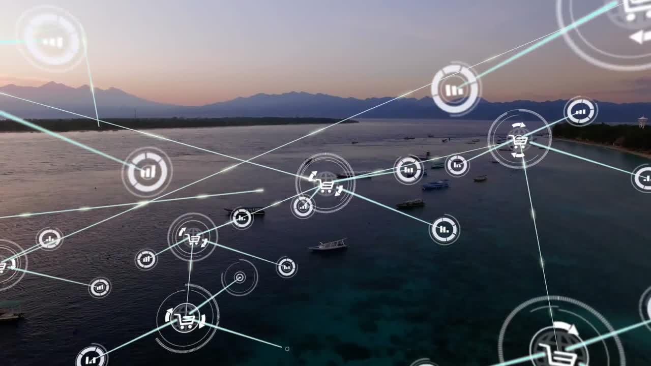 animación de la red de conexiones con iconos sobre el paisaje