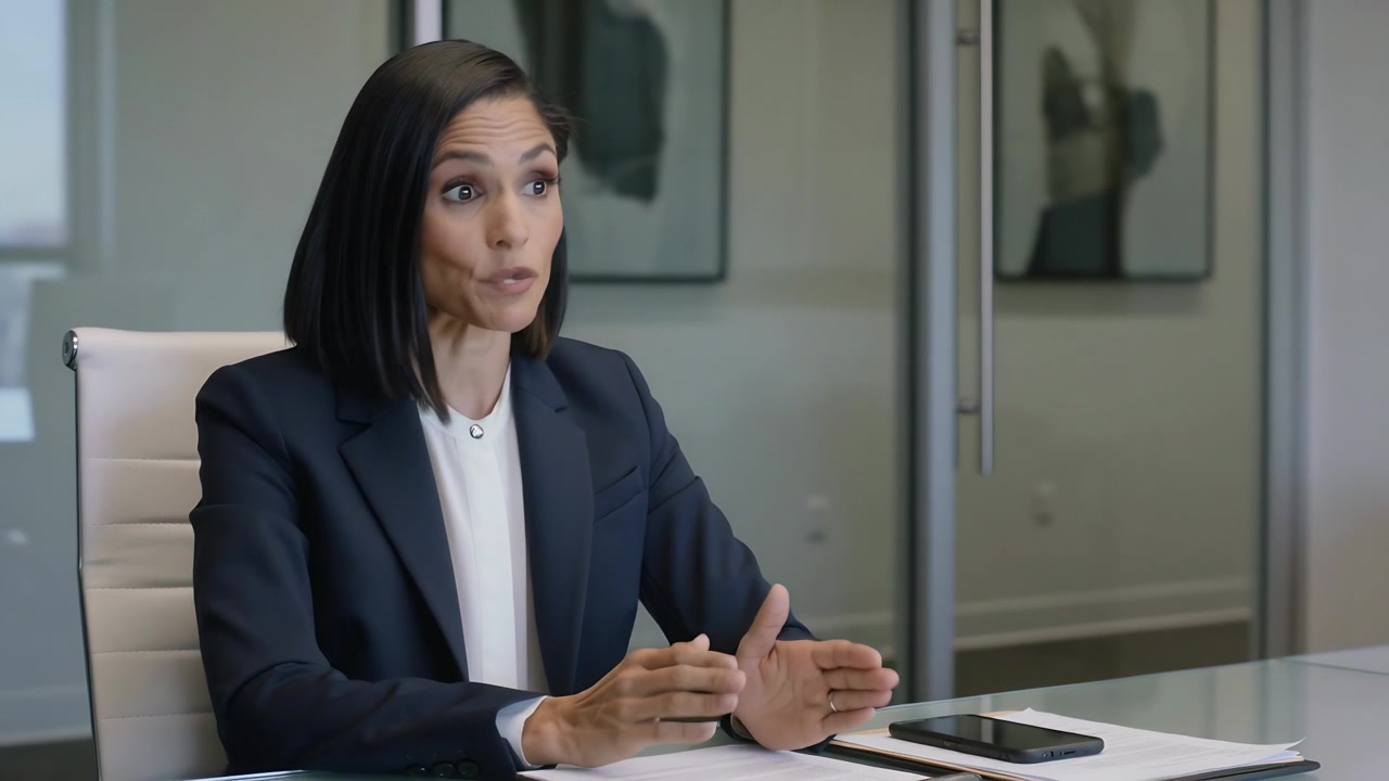 Mujer hablando con blazer oscuro, exponiendo un plan con una reunión comenzando en una sala de reuniones, teléfono y tablet.
